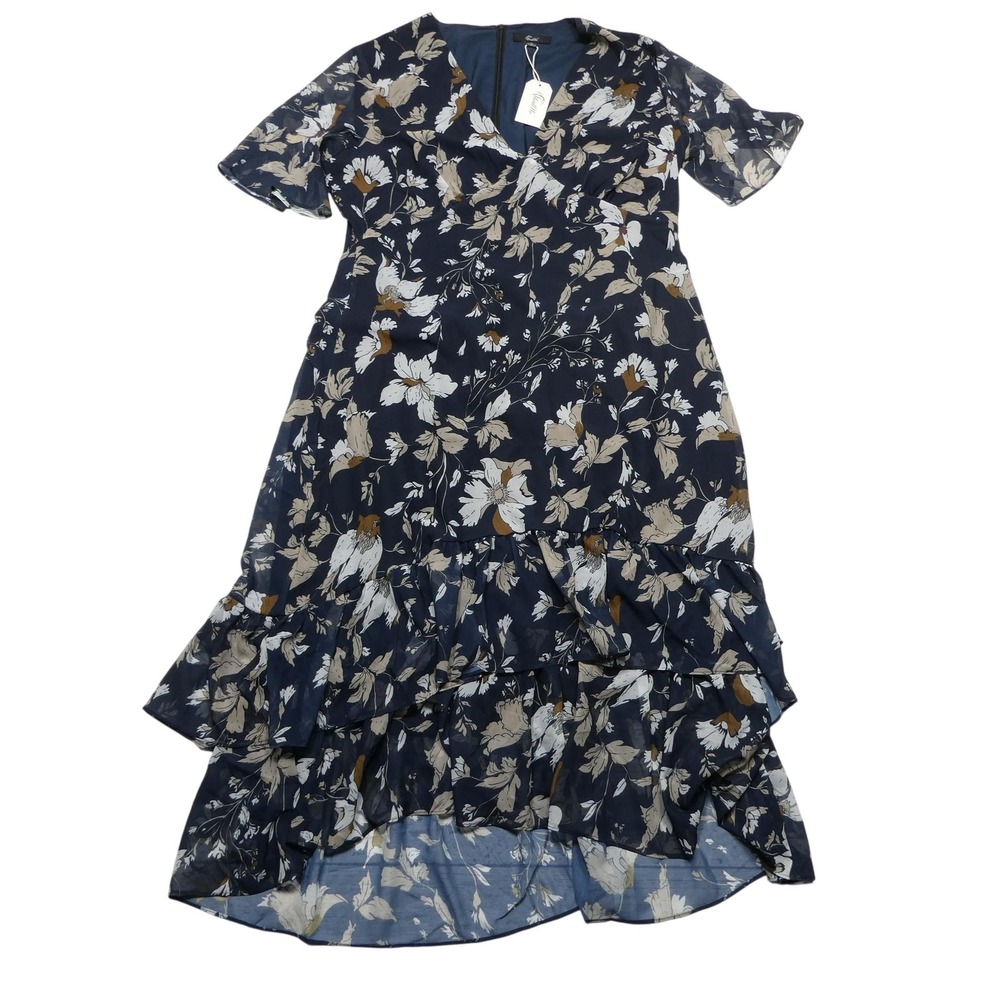 ShallWe Dress Womens 2XL Blue Floral Chiffon Hi-Low Ruffle Hem Short Sleeve